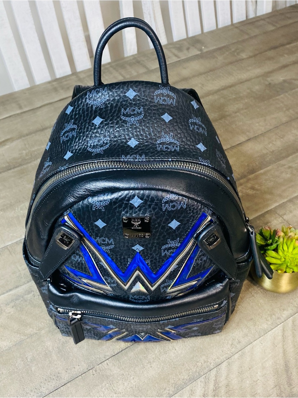 MCM Black Visetos Dual Stark Cyber Flash Backpack Blue Geometric - Picture 4 of 14
